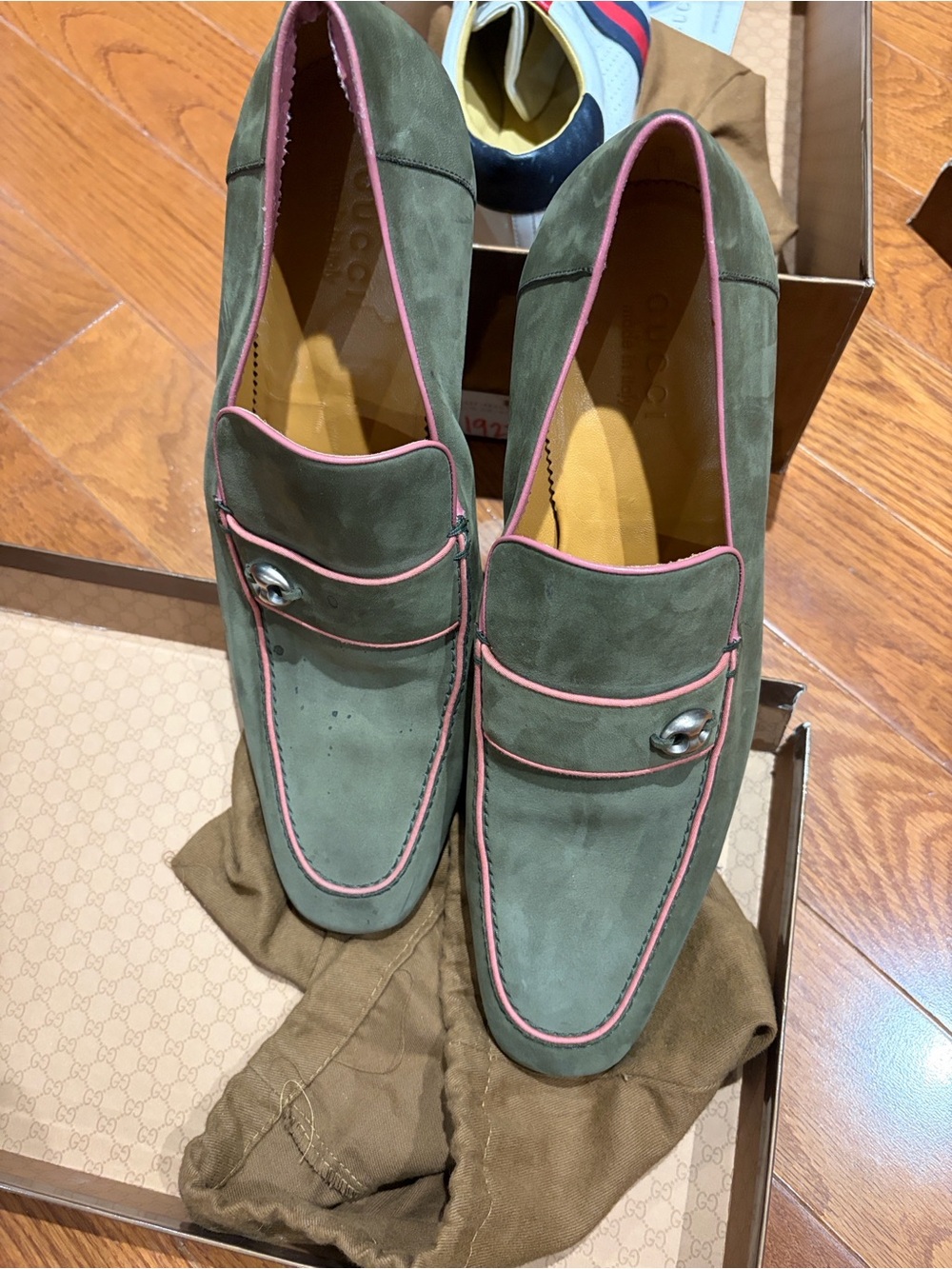 Gucci Green Suede Loafer with Pink Trim